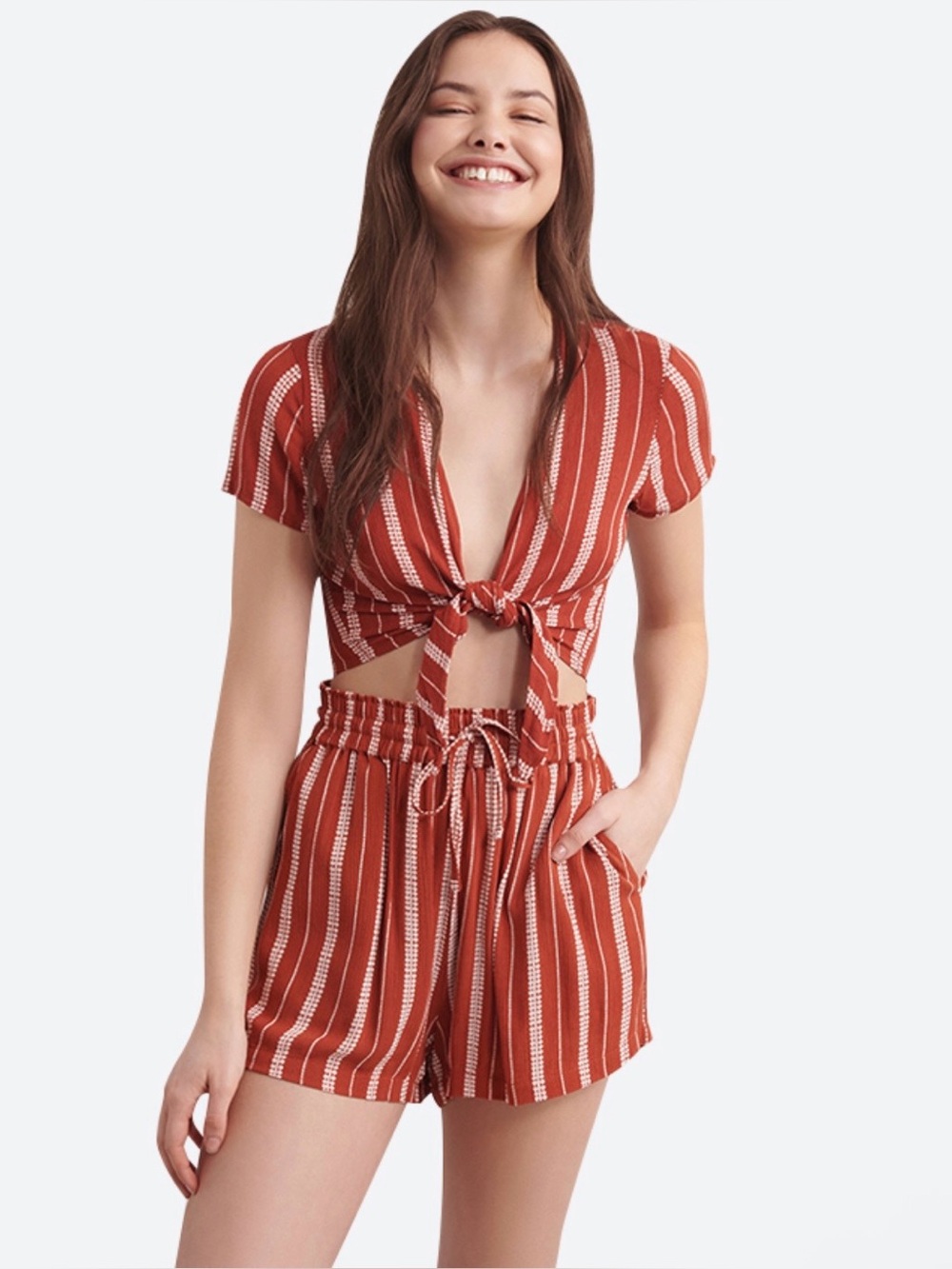 Garage Striped 2 Piece Set Front Tie Crop Top High Waist Shorts | Rust Brown